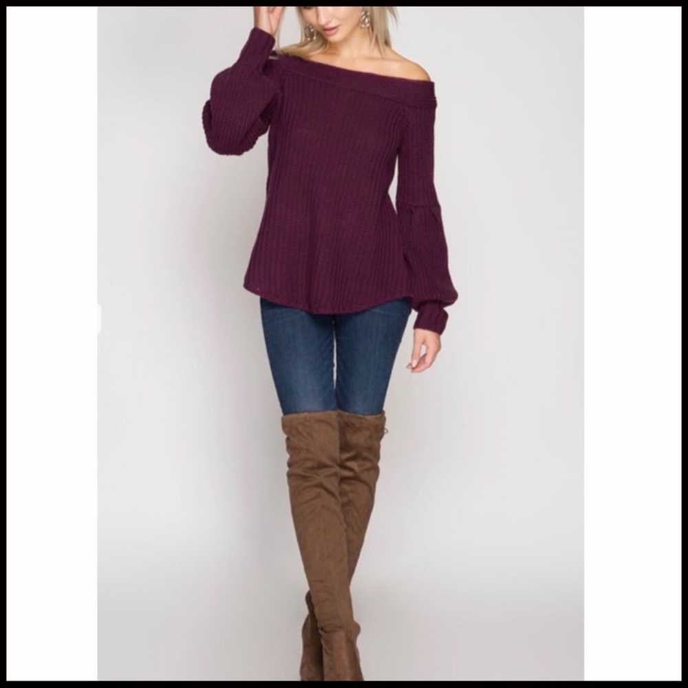 Lantern Sleeve Off-Shoulder Sweater - Picture 5 of 7